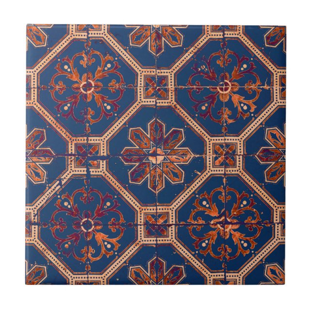Luxury Ethnic Tile Mönster | Blå och Orange Kakelplatta (Framsidan)