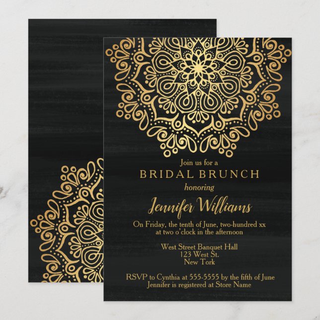 Luxury Faux Guld Mandala Black Möhippa Brunch Inbjudningar (Fram/baksida)