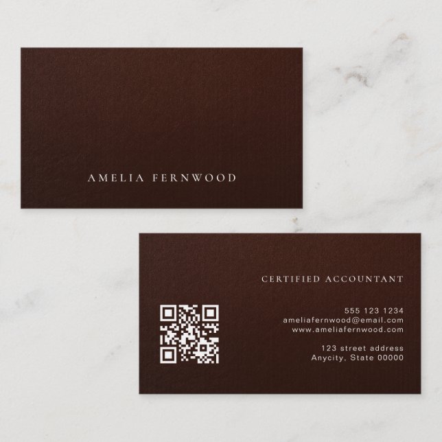Luxury Faux Leather Certified Accountant QR Code Visitkort (Fram/baksida)