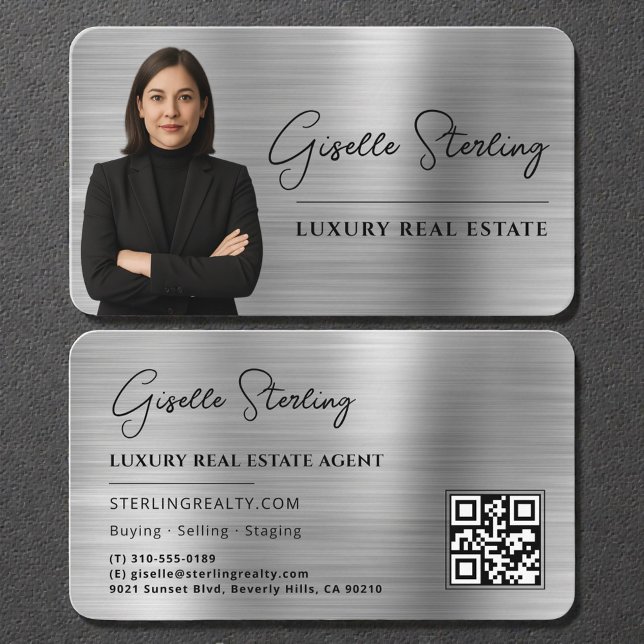 Luxury Faux Silver Metallic Realtor Photo QR Code Visitkort (Skapare uppladdad)