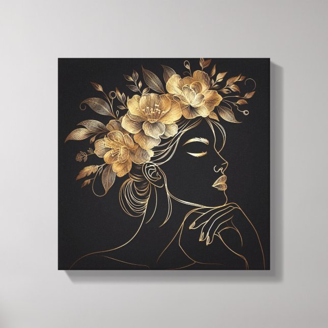 Luxury Feminine Face with Golden Floral Crown Canvastryck (Framsida)