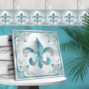 Luxury Fleur-de-lis-Aquamarine och Pearl Kakelplatta