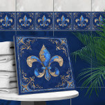 Luxury Fleur-de-lis - Blue marble och guld Kakelplatta<br><div class="desc">Luxury Fleur-de-lis - Blue marble och guld</div>