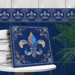Luxury Fleur-de-lis - Blue marble och guld Kakelplatta