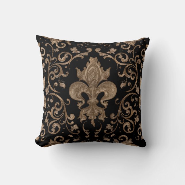 Luxury Fleur-de-lis-ornament - svart och guld Kudde (Framsida)