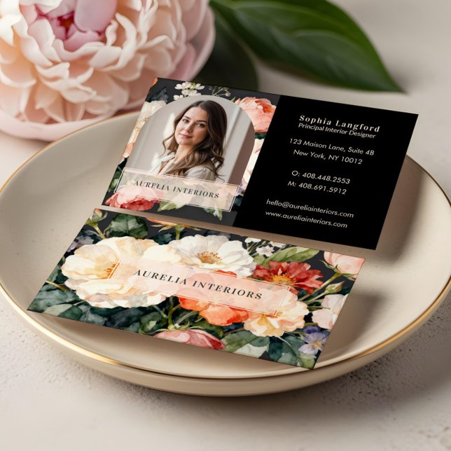 Luxury Floral Arch Photo Stylish Interior Designer Visitkort (Luxury Floral Arch Photo Stylish Interior Designer Business Card)