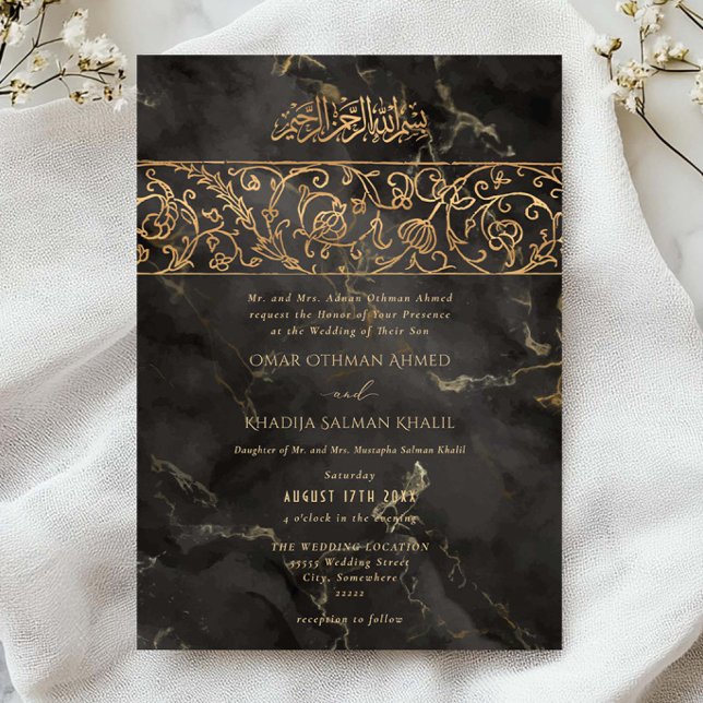 Luxury Floral Gold Black Marble Islamic Wedding Inbjudningar (Skapare uppladdad)