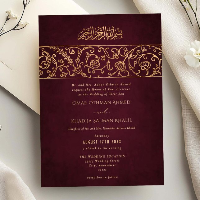 Luxury Floral Gold Burgundy Islamic Muslim Wedding Inbjudningar (Skapare uppladdad)