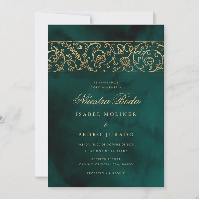 Luxury Floral Gold & Green Nuestra Boda Wedding Inbjudningar (Framsida)