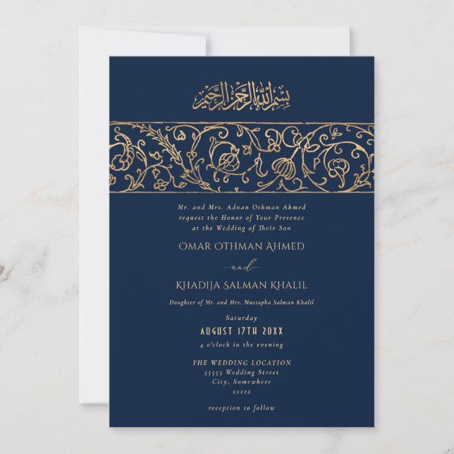 Luxury Floral Gold Navy Blue Islamic Wedding Inbjudningar (Framsida)