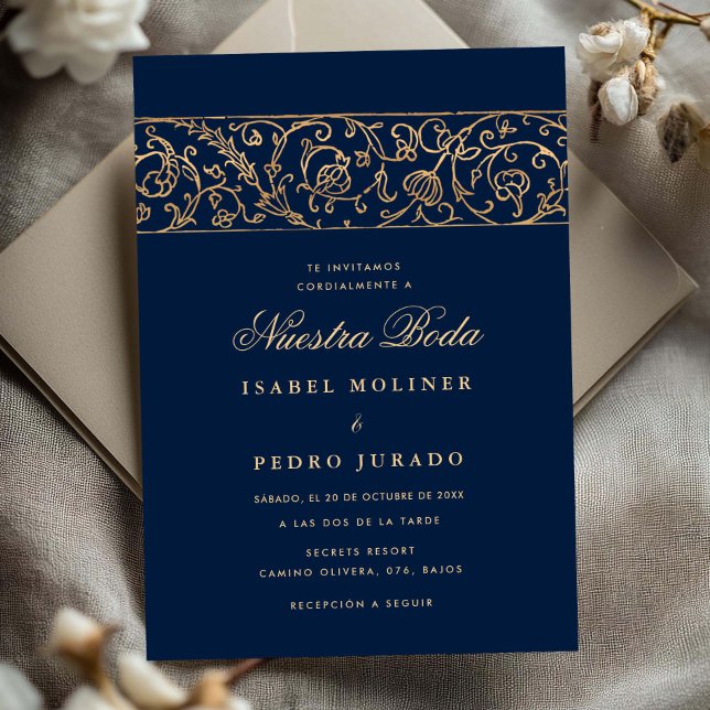 Luxury Floral Gold Navy Blue Nuestra Boda Wedding Inbjudningar (Skapare uppladdad)