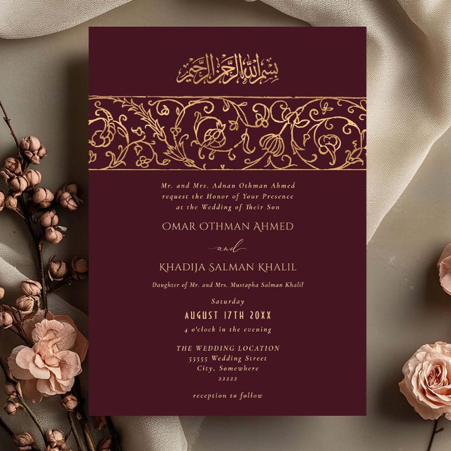 Luxury Floral Gold Red Maroon Islamic Wedding Inbjudningar (Skapare uppladdad)
