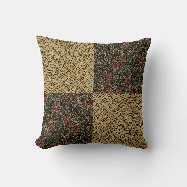 Luxury Flowers and Gold Pattern ,Gold Black Red  Kudde (Framsida)