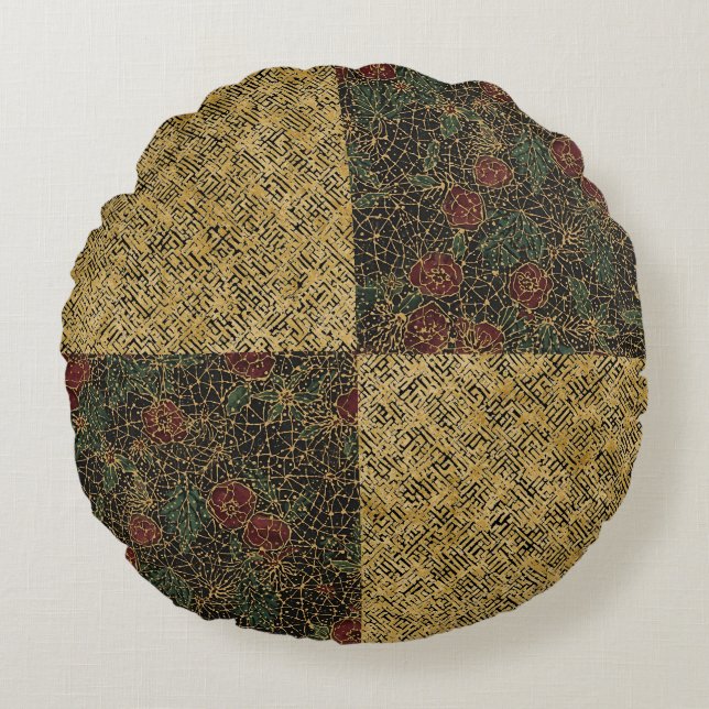 Luxury Flowers and Gold Pattern ,Gold Black Red  Rund Kudde (Framsidan)