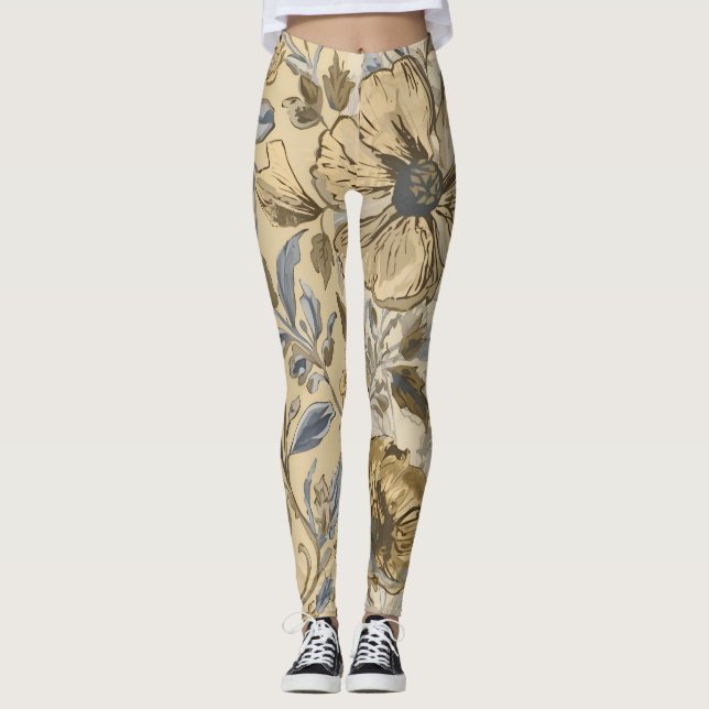 Luxury Flowers are Blooming, Gold Beige Soft Blue Leggings (Framsida)