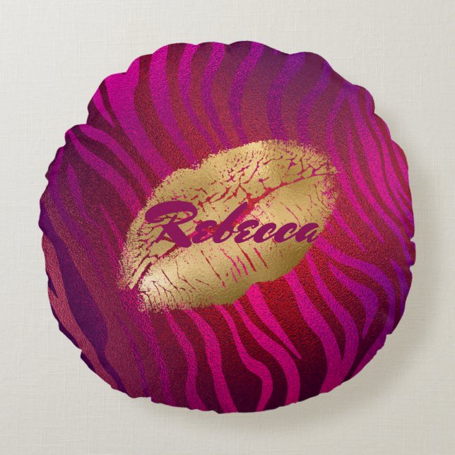 Luxury Fuchsia Animal Rand Lipstick Skriv ut Rund Kudde (Framsidan)