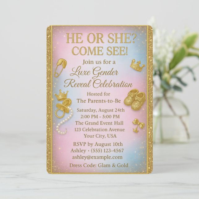 Luxury Gender Reveal Invitation with Gold Glitter Inbjudningar (Stående Fram)