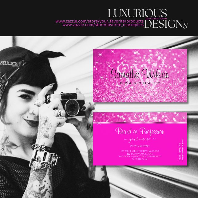 Luxury Girly Rosa Glitter Luminous Stars Initialer Visitkort (Skapare uppladdad)