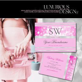 Luxury Girly Rosa Glitter Monogram Silver Gräns Visitkort