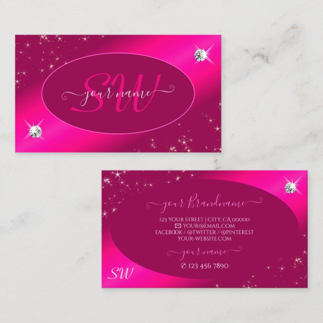 Luxury Girly Rosa Glitter Stars Diamonds Initialer Visitkort (Fram/baksida)