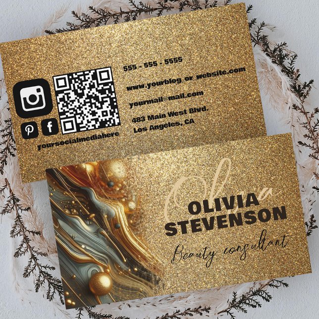 Luxury Glam Glittery Guld Marble Beauty Consultant Visitkort (Skapare uppladdad)