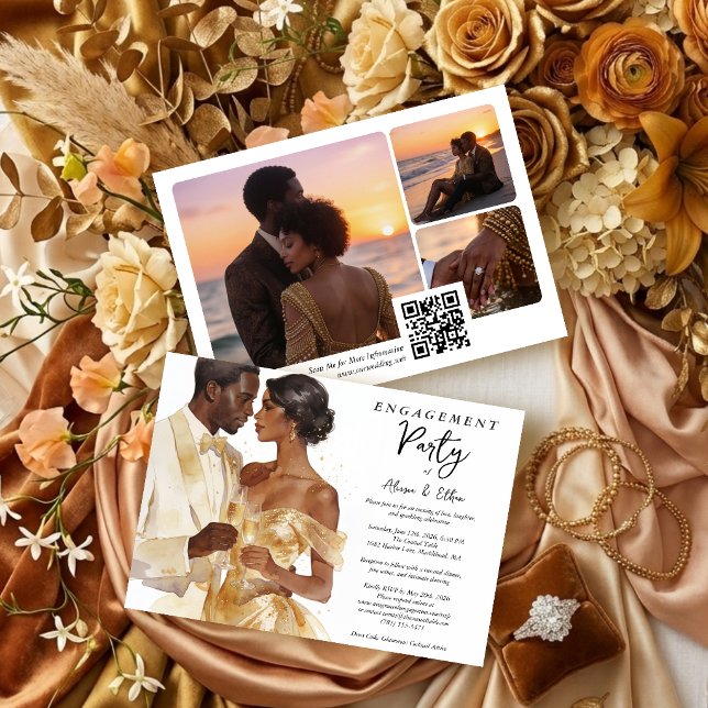 Luxury Glam Gold Couple Wedding Engagement TMF26 Inbjudningar (Luxury Glam Gold Effect Couple Illustration Wedding Engagement Party Invitation with Multi Photo.)