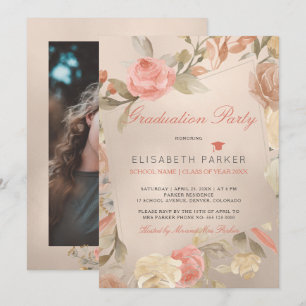 Luxury Glam Peach Blommigt PHOTO Studentfest Inbjudningar