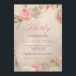 Luxury Glam Peach Guld Blommigt 30års födelsedag P Inbjudningar<br><div class="desc">Klassisk glamorös elegant trettio födelsedagsfest inbjudan med handmålad trädgård ro ram av  rosa,  blek rostigt rött,  peachygrädde och beige bruna blommor med lövning över en guld-faux metallisk glansig folibakgrund.              Enkel att anpassa med dina uppgifter!         Lämpligt för vår,  sommarträdgård eller höstfall/bakgård/blommigt utomhus/milstolpe för vintage/årsdag/årsdag/familj firande party.</div>