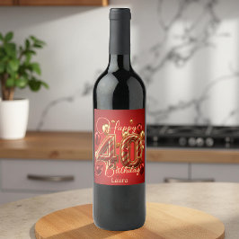 Luxury Glam Red och Guld 40:e födelsedagen Firande Vinflaska Etikett