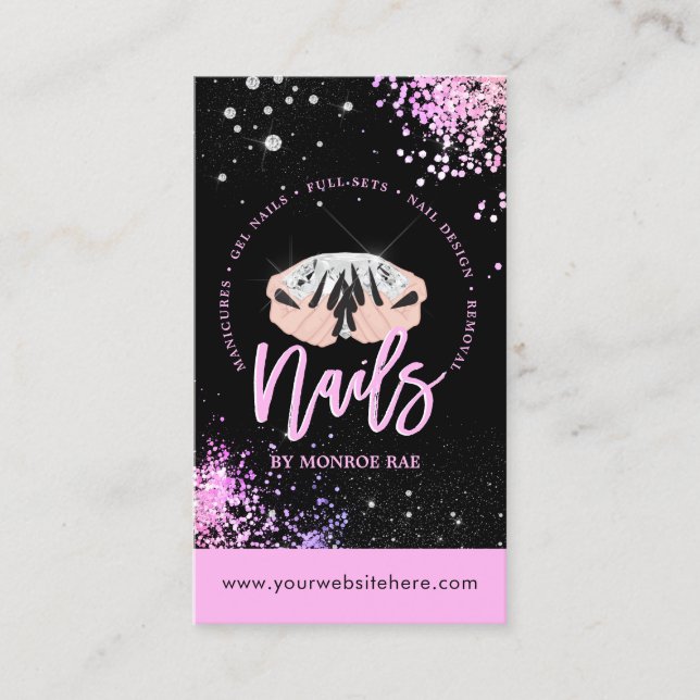 Luxury Glam Rosa & Black Nail Salon Nagel Stylist  Visitkort (Framsida)