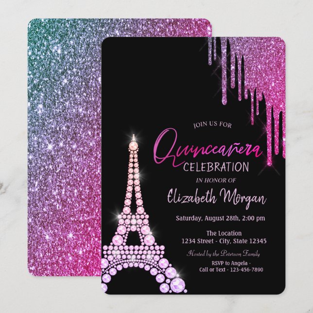 Luxury Glitter Drips Eiffel Torn Quinceañera Inbjudningar (Fram/baksida)