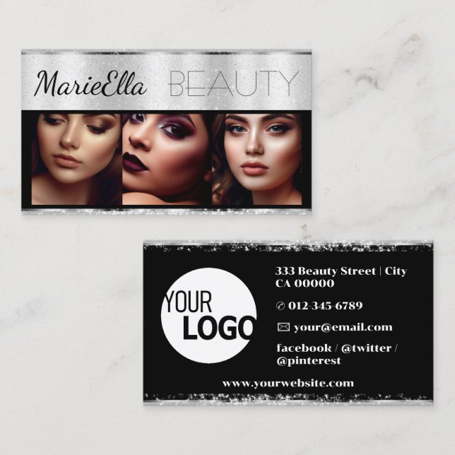 Luxury Glitter Silver Grått Gräns med Logotyp Phot Visitkort (Fram/baksida)