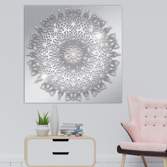 Luxury Glowing Sparkling Silver Metallic Mandala Canvastryck (Skapare uppladdad)