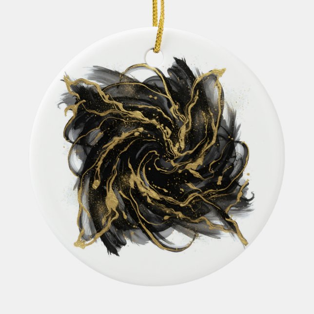 Luxury Gold and Black Abstract Marble Ink Flow Julgransprydnad Keramik (Framsidan)