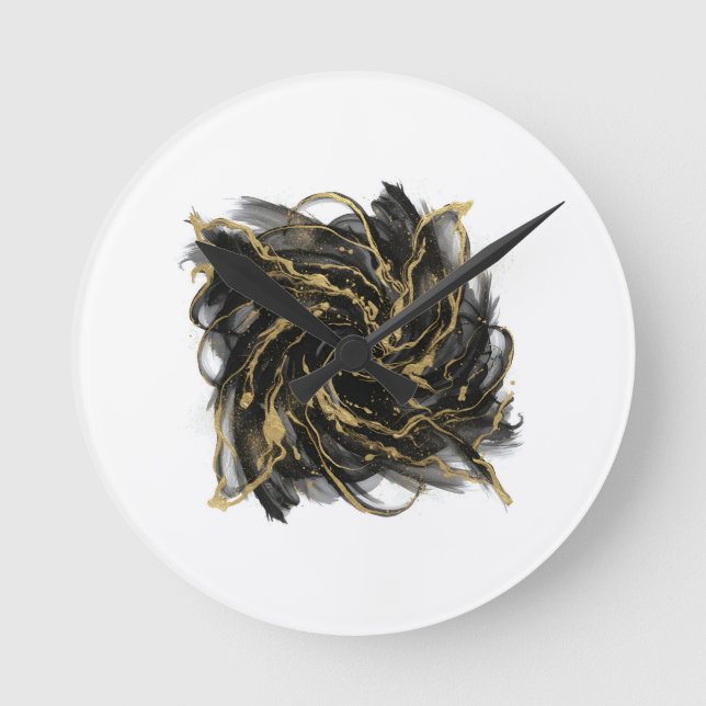 Luxury Gold and Black Abstract Marble Ink Flow Rund Klocka (Framsida)