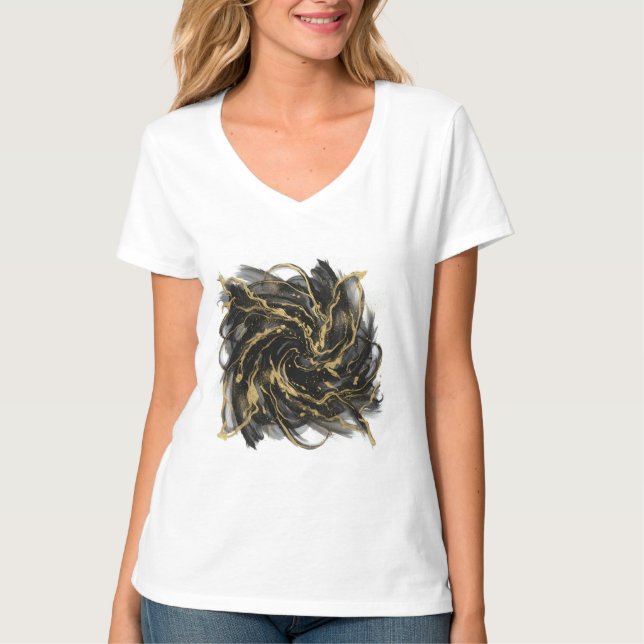 Luxury Gold and Black Abstract Marble Ink Flow T Shirt (Framsida)