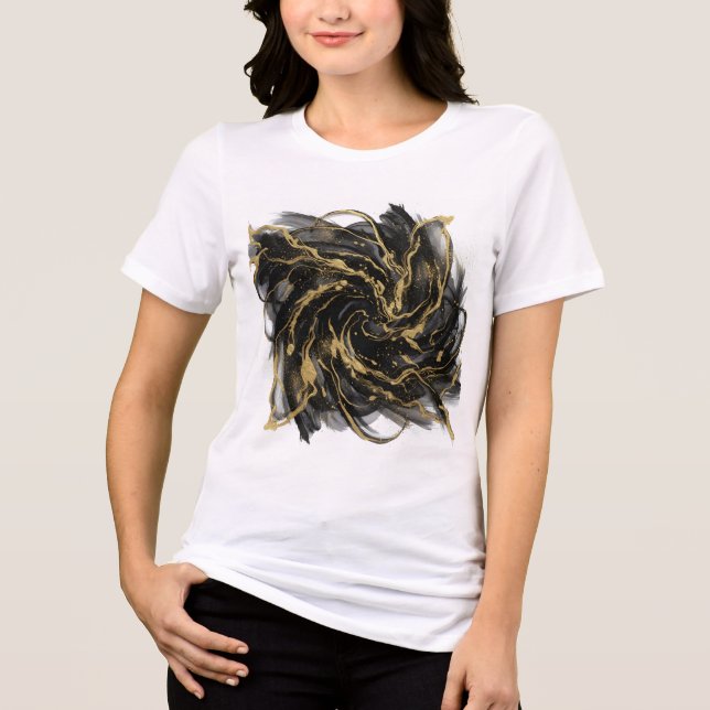 Luxury Gold and Black Abstract Marble Ink Flow T Shirt (Framsida)