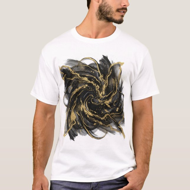 Luxury Gold and Black Abstract Marble Ink Flow T Shirt (Framsida)