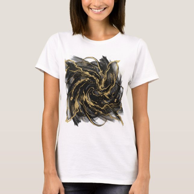 Luxury Gold and Black Abstract Marble Ink Flow T Shirt (Framsida)