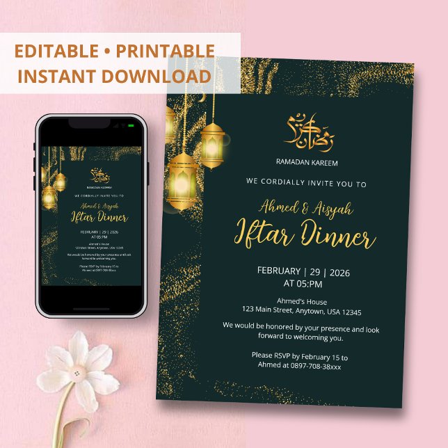 Luxury Gold and Dark Emerald Iftar Dinner Inbjudningar (Skapare uppladdad)