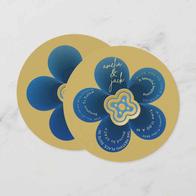 Luxury Gold and Navy Blue Floral Wedding  Inbjudningar (Fram/baksida)