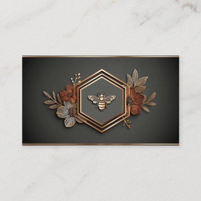 Luxury Gold Bee Hexagon Floral Midnight Black Visitkort (Framsida)