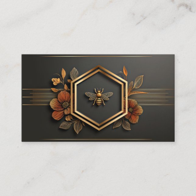 Luxury Gold Bee Hexagon Floral Midnight Black Visitkort (Framsida)