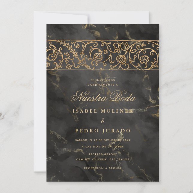Luxury Gold Black Marble Nuestra Boda Wedding Inbjudningar (Framsida)
