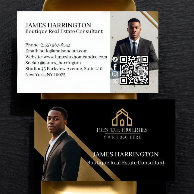 Luxury Gold & Black Real Estate Agent Photo Logo Visitkort (Luxury Gold & Black Real Estate Agent Photo Logo Business Card)