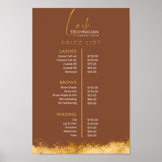 Luxury Gold & Brown Lash Tech Price List  Poster (Framsidan)