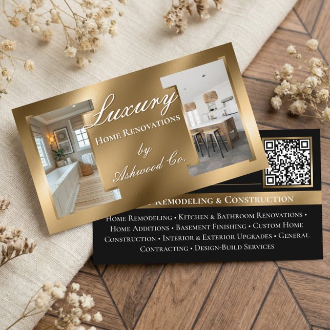 Luxury Gold Contractor Home Builder Photo QR Code Visitkort (Luxury Contractor Home Builder Business QR Code Business Card)