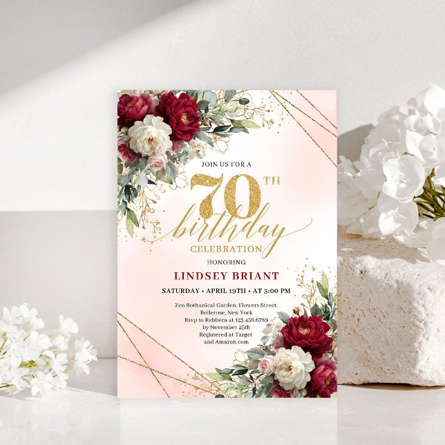 Luxury Gold Floral 70 Years Young Birthday Invite Inbjudningar (Luxury Gold Floral 70 Years Young Birthday Invitation)
