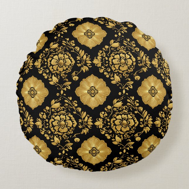 Luxury Gold Floral Damask Pattern On Black Rund Kudde (Framsidan)