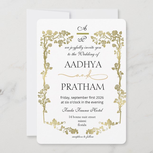 Luxury Gold Floral Frame Wedding Inbjudningar (Framsida)